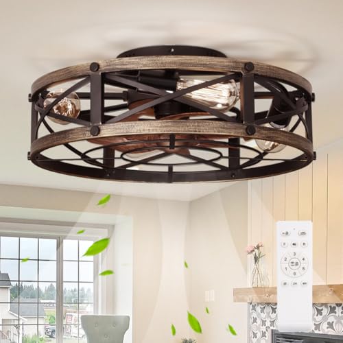 SHLUCE Farmhouse Flush Mount Caged Ceiling Fans with Lights, 6 Speeds, Rustic Low Profile Ceiling Fan with Light and Remote, Small Bladeless Ceiling Fans with Lights for Kitchen, Bedroom