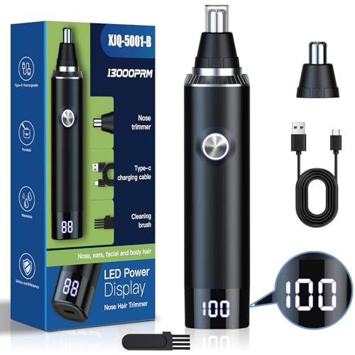 Ginity Ear & Nose Hair Trimmer with LED Display for Men Women,Painless USB Rechargeable Eyebrow & Facial & Nose Hair Trimmer Clipper,Professional IPX7 Waterproof Dual Edge Blades 12500 RPM (Black)