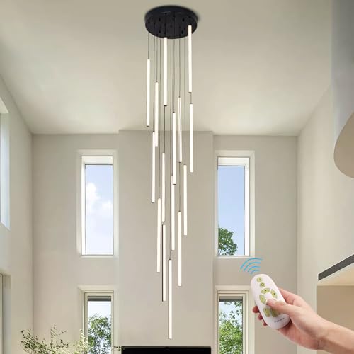 HuisMier Modern LED Staircase Chandelier, 15 Lights Long Foyer Chandelier for High Ceiling Black Linear Pendant Light with Remote, Dimmable High Ceiling Chandelier for Stairs Living Room Entrance