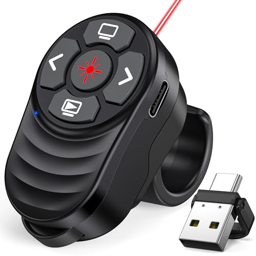 Rechargeable 2-in-1 USB Type C Wireless Presentation Clicker, Finger Ring Clicker Powerpoint Clicker with Red Light & Volume Control, Wireless Presenter Remote Pointer for Slide MAC Computer PC Laptop