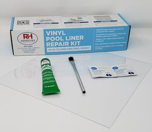 RH Adhesives Vinyl Pool Liner Repair Kit with 10-inch by 10-inch Pool Vinyl, 1 oz. Tube of HH-66 TF Cement, Applicator Brush, Alcohol Wipes (Clear (20 Gauge))
