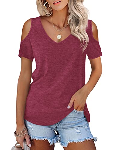 Amoretu Women Cotton Short Sleeve T-Shirts Cold Shoulder Blouses 2023 (Burgundy,XL)