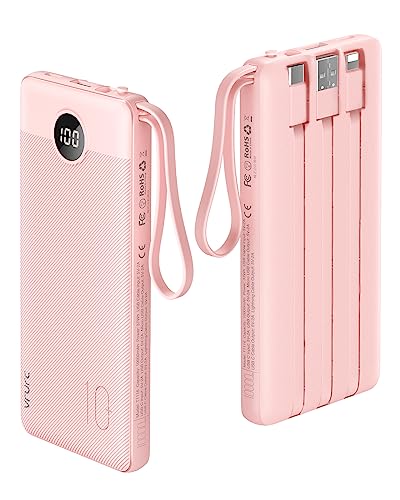 VRURC Portable Charger Power Bank, 10000mAh Travel Essentials Battery Pack, 5 Outputs 2 Inputs Slim Charging Bank Built-in Cables Cords Wires Compatible with iPhone,Samsung,Android-Pink(1 Pack)