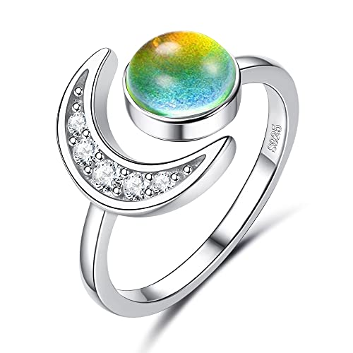 ADRAMATA 925 Sterling Silver Mood Ring Moon Star Open Adjustable Rings for Women 18K White Gold Plated Color Changing Mood Ring Temperature-Control Star and Moon Rings Statement Jewelry- Round