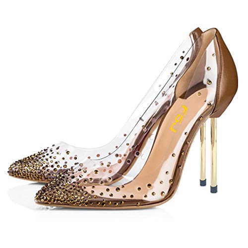 FSJ Women Studded Pointed Toe Transparent Pumps High Heels Shoes with Rhinestones Size 9 Brown-2