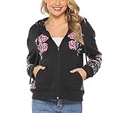 Grosy Boho Floral Embroidered Hoodie for Women Zip Up Long Sleeve Hooded Sweatshirt for Fall Winter Mexican Ethnic Vintage Jackets (Black-02, 3X-Large)