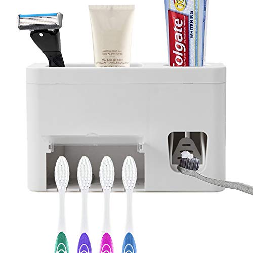 Houvillage Toothpaste Dispenser Toothbrush Holder Set, Toothpaste Squeezer Tooth Brush Holder Set Holder with Anti-dust Cover, 3-in-1 Wall Mounted Holders with 1 Storage Grids Bathroom Accessories