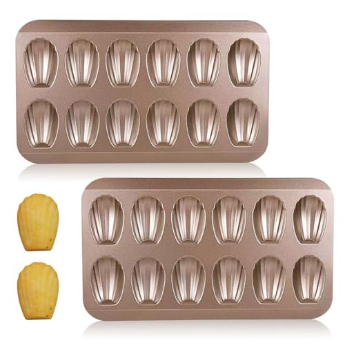 2 Pack Madeleine Pans for Baking, 12 Cavity Heavy Duty Shell Shape Baking Mold Nonstick Cookie Cake Pan for Oven（Gold）