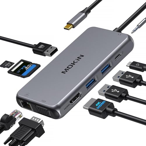 USB C Hub Multiport Adapter, 10 in 1 USB C Docking Station with 4K HDMI, VGA, Ethernet, PD Port, 3 USB 3.0, SD/TF Card Reader and Mic/Audio for Dell/HP/Lenovo or More Type C Laptops