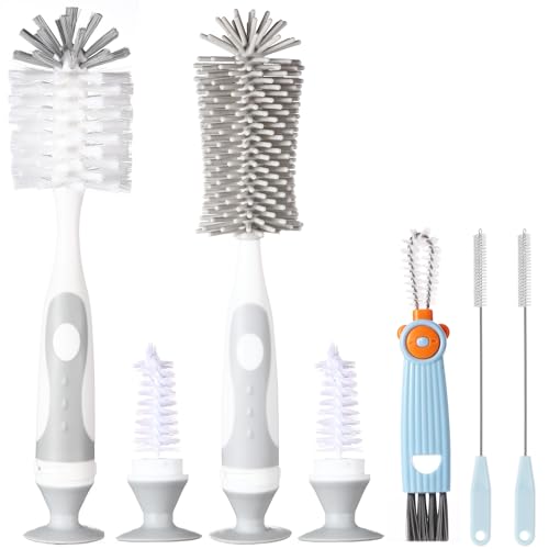 Ariseno 5-in-1 Baby Bottle Cleaner Set, Including Nylon & Silicone Bottle Brush, Cap, Straw & Nipple Brushes, BPA-Free (Grey)