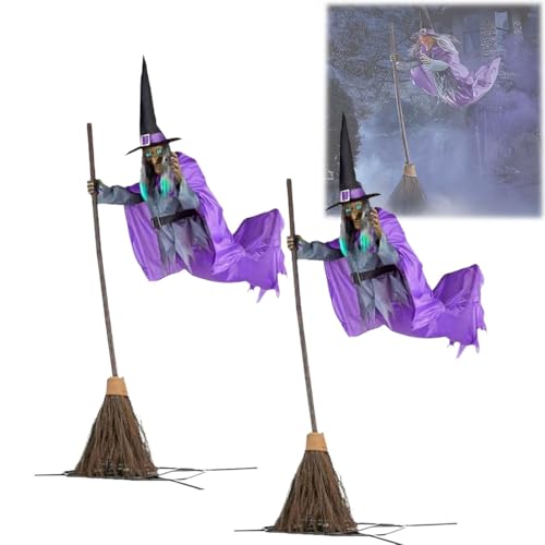 6 Ft Halloween Flying Witch Decor, Outdoor Animatronic Witch on Broom with Light-Up Eyes and Scary Sound Activation Function Decor, Halloween Witch Decorations for Yard Props House Decor(Purple,2PCS)