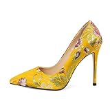 Eldof High Heels for Women, Pointed Toe Flower Embroidered Stiletto Heel Pumps, Slip On High Heel Pumps Shoes Women for Dress Party Wedding Satin Yellow Heels 4 Inches US Size 8