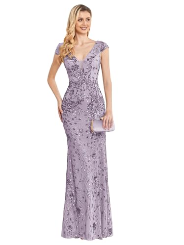 Womens Sequined Long Evening Gown Glamous Sleeveless V-Neck Mermaid Prom Dress for Wedding Party Club Occasions Light Purple XXL