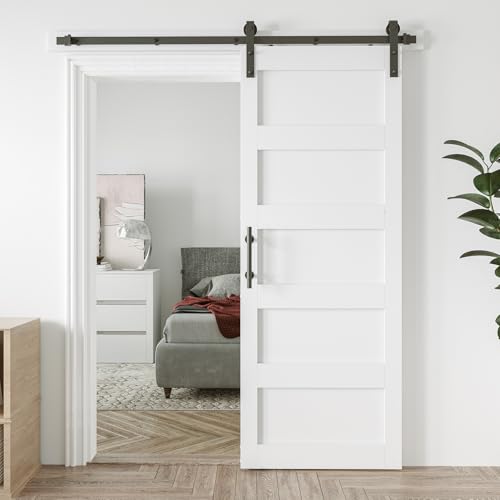 COSHOMER 32in x 84in Sliding Barn Door with 6ft Barn Door Hardware Kit & Handle, Pre-Drilled Holes Easy Assembly -Solid Barn Door Slab Covered with Water-Proof PVC Surface, White, 5 Panel