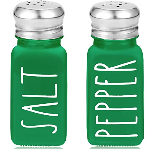 Green Salt and Pepper Shakers Set by Brighter Barns - Modern Farmhouse Kitchen Decor for Home, Restaurants, Airbnb - Cute Kitchen Decor and Accessories - Glass Shakers & Stainless Steel Lids (Green)
