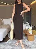 ANRABESS Womens Summer Casual Sleeveless T Shirt Midi Dress Slim Fit Tie Waist Split Tank Long Dresses 2025 Vacation Sundress Coffee Large