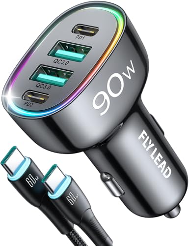 Fast Car Charger FLYLEAD 90W 4 Ports Car Charger [A Must for Family Travel] Super Fast USB C Charge Adapter for iPhone 16/15 Pro Max Plus