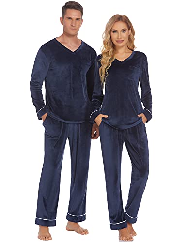 Ekouaer Couples Matching Pajamas Sets Velvet PJs Set for Men and Women Velour Long Sleeve Sleepwear S-XXL Navy