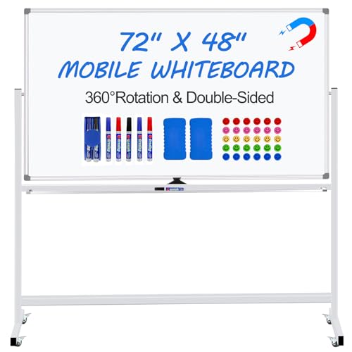 Max-officoo Magnetic White Board Dry Erase Whiteboard with Rolling Stand 72"x48" Double-Sided Mobile Large White Board on Wheels, Including 3 Magnetic Erasers, 7 Markers, 30 Magnets