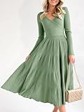 Saodimallsu Womens V Neck Midi Sweater Dress Wrap Long Sleeve Pleated A Line Fit Flare Elegant Knit Maxi Dress Light Green