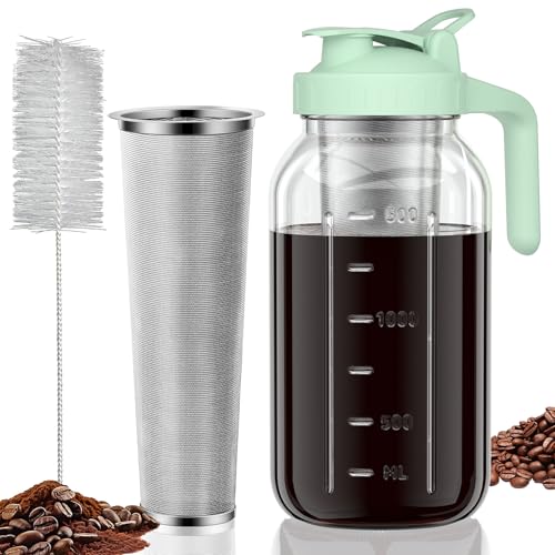 JunVpic Cold Brew Coffee Maker Jar - 64oz Thick Glass Multipurpose Mason Pitcher Spout Lid with Handle & Stainless Steel Filter for Iced Coffee, Lemonade, Ice Tea, Homemade Fruit Drinks Container