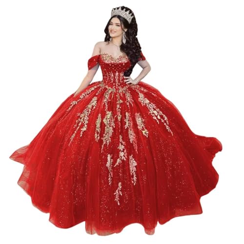 Mauuwy Red Off The Shoulder Gold Beaded Sweet 15 Dresses Tulle Quince Party Bow Dresses Size 8