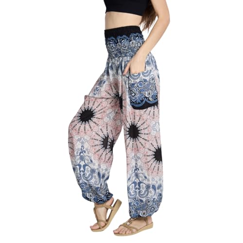 Boho Harem Pants Women with Pockets High Waist Elastic Ankle, Loose Flowy Dance Palazzo Yoga Trouser, Bohemian Hippie Clothes (US, Alpha, X-Large, Regular, Regular, Apricot Pink Flower)