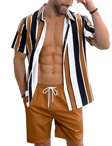 LecGee Men's Casual Button-Down Matching Hawaiian Shirts and Shorts Two Piece Summer Beach Outfits for Men