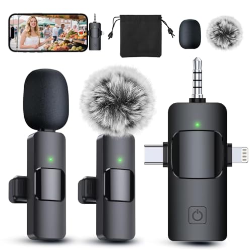 3 in 1 Professional Wireless Lavalier Microphone for iPhone, Android, Camera, Wireless Microphones, Mini Microphone, Crystal Clear Sound Quality for Recording, Live Streaming, YouTube, TikTok
