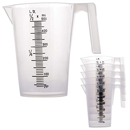 TCP Global 1/2 Liter (500ml) Plastic Graduated Measuring and Mixing Pitcher (Pack of 6) - Holds Over 1 Pint (16oz) - Pouring Cups, Measure & Mix Paint, Resin, Epoxy, Kitchen Cooking Baking Ingredients