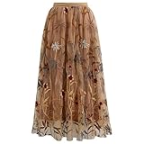 CHICWISH Women Floral Embroidered Tulle Skirt Flared A Line High Elastic Waist Mesh Double-Layered Midi Skirt Camel