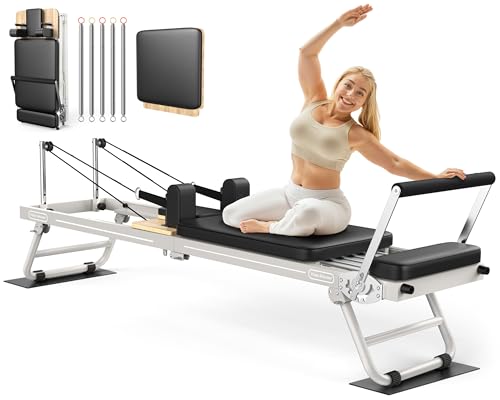 Pilates Reformer, 89'' Foldable Pilates Machine & Equipment for Home Use and Gym Workout, with Springs and Jumpboard, Pilates Equipment for Advanced and Beginners Users, Up to 300 lbs, White