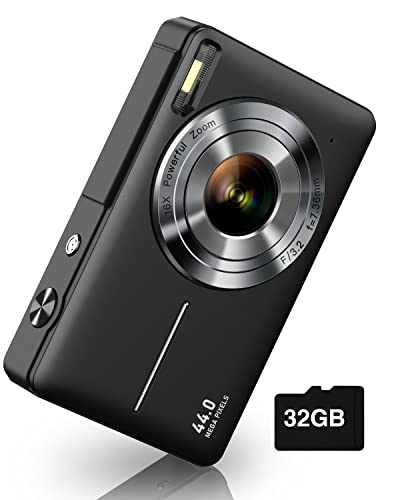 Digital Camera, Camkory FHD 1080P Kids Camera 44MP Point and Shoot Digital Cameras with 32GB SD Card, 16X Zoom, Two Batteries, Lanyard, Compact Small Camera for Kids Boys Girls