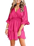 Aoysky Womens V Neck Casual Dresses Summer Loose High Waist Ruffle Pleated Cute Mini Short Dress Hot Pink