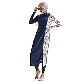 Muslim Swimsuits for Women Modest Islamic Arabic Swimwear Burkini Full Cover Hijab Long Sleeve Muslim Dress Tops + Pants Set with Swim Cap Sun Protection Rash Guard Bathing Suits Dark Blue Floral M