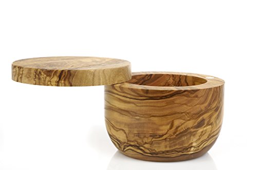 Berard Salt Cellar with Lid, Wooden Salt Box with Magnetic Swivel Cover, Olive Wood Salt Container For Countertop, 4 Inch Wide