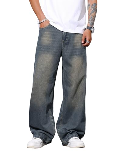 DFGIGT Mens Wide Leg Baggy Jeans Y2k Casual Fashion Loose Denim Pants Work Office Streetwear Hip Hop 2000s Jinco Oversized Relaxed Extreme Skater Skateboard Nostalgia,A10 Retro Blue,Small