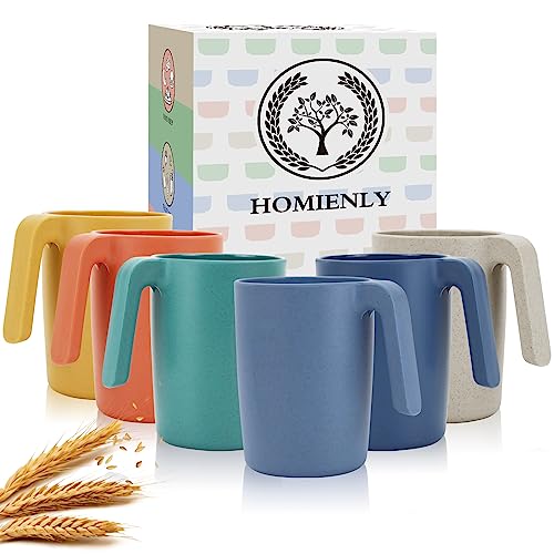 Homienly Wheat Straw Cups with Handle Plastic Cups Mug Sets of 6 Unbreakable Drinking Cup Kids Mugs Reusable Dishwasher Safe Water Glasses Kitchen Essentials Cups for Kitchen, Kids (16 Oz with handle)