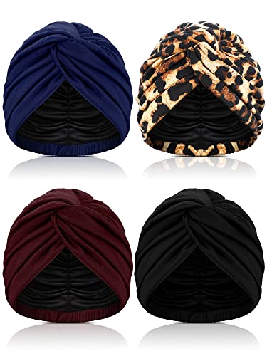 4 Pieces Turbans for Women Silk Satin Lined Turban Head Wrap Adjustable Twisted Headwrap Hair Cover Wrap(Retro Color)