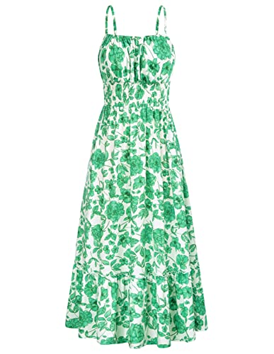 GRACE KARIN Summer Dresses for Women Spaghetti Strap Dresses Casual Sleeveless Dress Smocked Waist Boho Maxi Dress Green Floral M