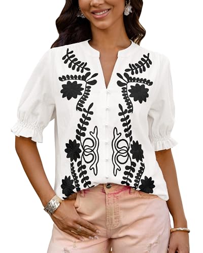 BTFBM Women's 2025 Summer Tops Casual Floral Boho V Neck Puff Short Sleeve Button Down Shirts Embroidered Blouses Tunic(Floral White Black, Medium)