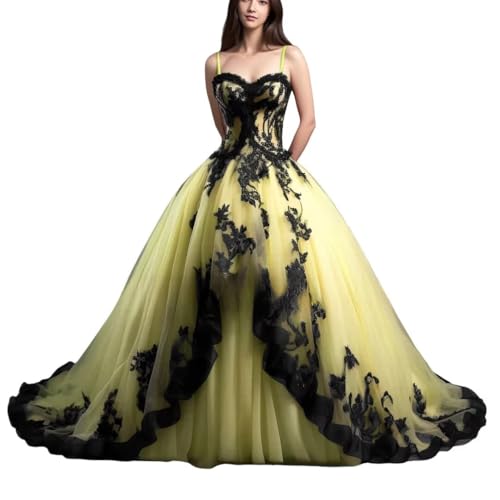 Mauuwy Gothic Quinceanera Dresses Yellow Ball Gowns for Women 2024 Lace Tulle Puffy Tulle Long Puffy Prom Dresses Wedding Dresses Sweet 16 Dresses with Black Lace Applique Size 26 Plus