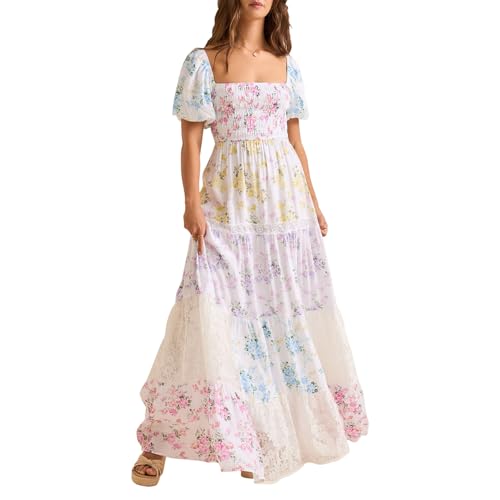 Women Patchwork Dress Y2k Floral Patchwork Maxi Dress Puffy Short Sleeve Square Neck Smocked Tiered Ruffle Sundress（Floral Multi Color，Medium）
