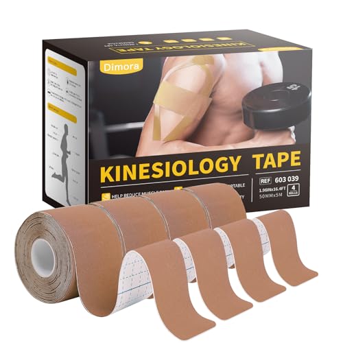 Dimora Uncut Kinesiology Tape, Original Cotton, 16' Elastic Athletic Tape for Muscle Pain Relief and Joint Support, 4 Rolls, Beige