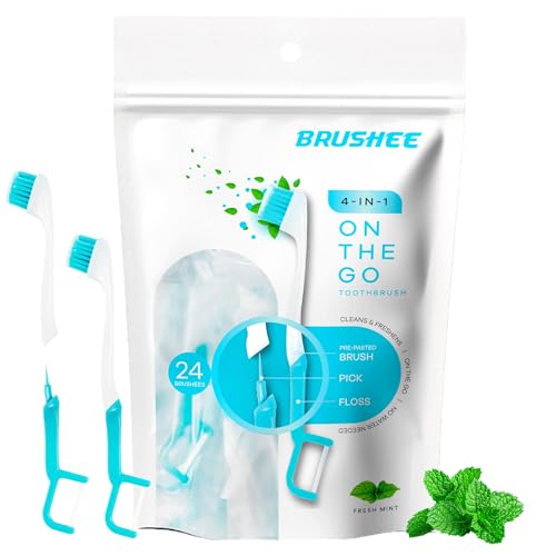 Brushee - The Evolution of Oral Care | 4-in-1 Tool (Paste + Brush + Floss + Pick) | Individually Wrapped | Disposable | Prepasted Travel Toothbrushes | Small Adult Toothbrush - (24-Pack)