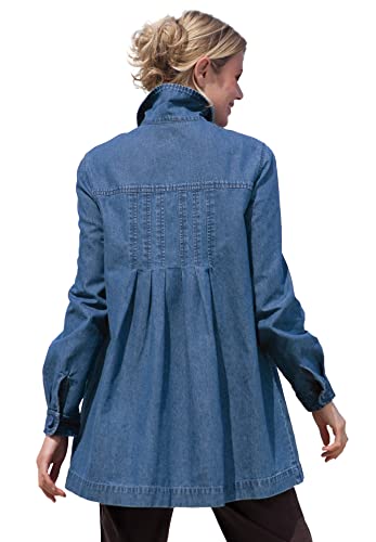 Woman Within Plus Size Pleat-Back Denim Jacket Long Oversized Jean Coat - 1X, Medium Stonewash