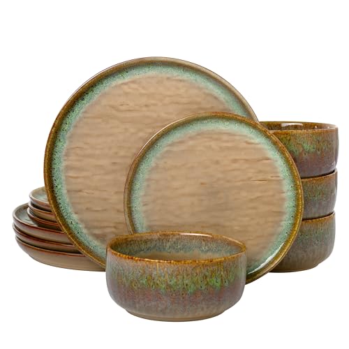 Joseph Sedgh Collection “Alyssa” 12-Piece Stoneware Dinnerware Set with Reactive Glaze Finish, Service for 4, Brown Reactive Glaze