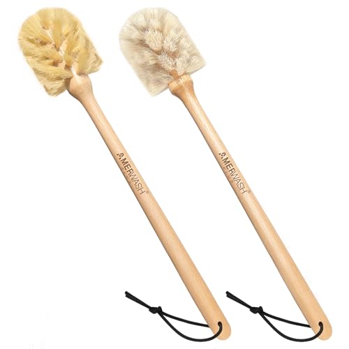 Bottle Brushes with Natural Bristles, 13-3/4 Inch Long Wood Handle Bottle Brush Cleans and Scrubs Wide Mouth Jars, Glasses, Vases, Mugs and Pitchers, Sisal + Horsehair Bristles 2 Pack