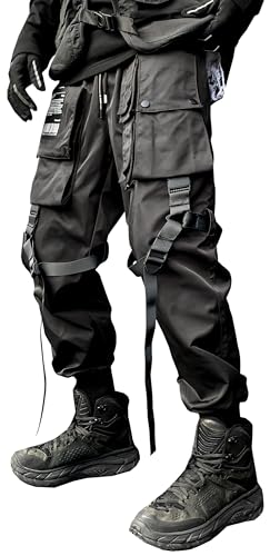 MOKEWEN Men's Patchwork Straps Jogger Harem Cargo Ninth Pants with Big Multi Pockets Elastic Waist Black W 28-29