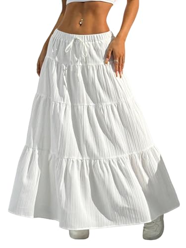 Verdusa Women's Boho Skirt Flowy Flared Ruffle Summer Long Maxi Skirts Going Out Outfits White Medium